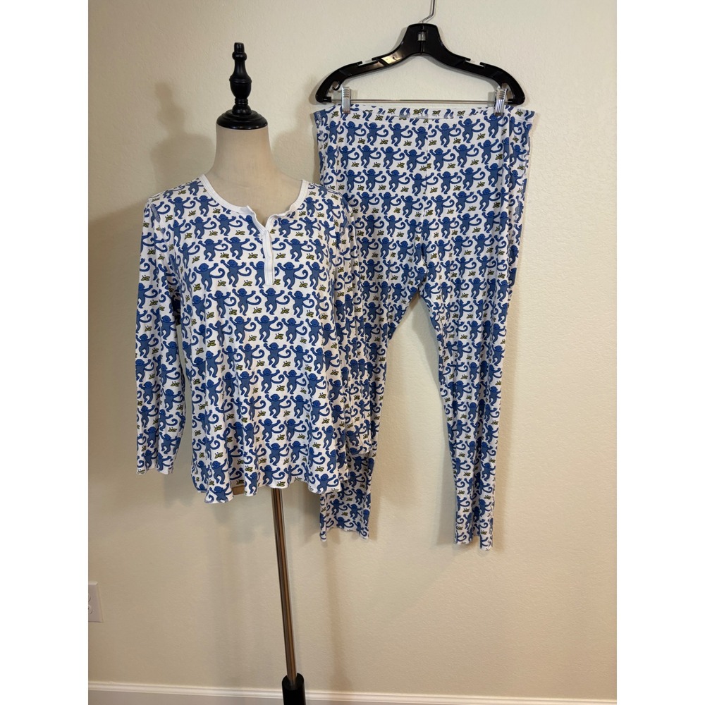 Roller Rabbit Pajama Set  XL Blue Monkey Print Pima Cotton  Long Sleeve Comfy